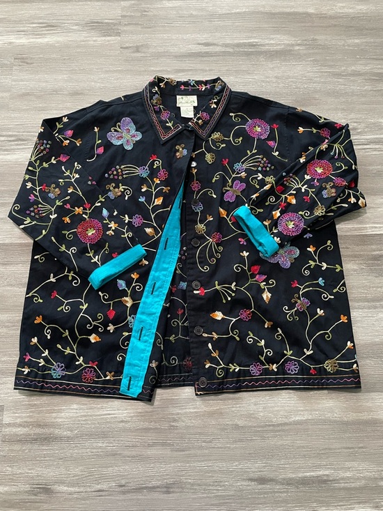 Quacker Factory Jackets & Blazers - Quacker Factory Black Embroidered Beaded Button Up Blazer Jacket w/ Teal Trim